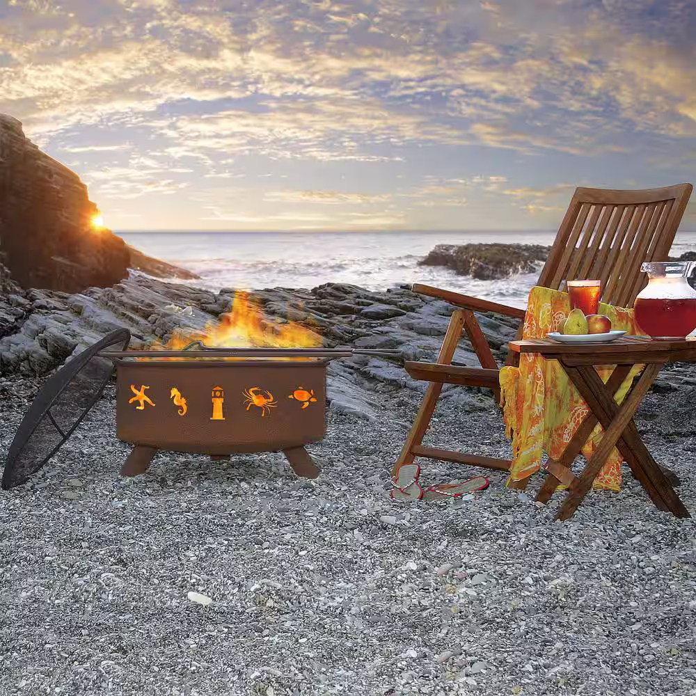 None Atlantic Coast 29 in. x 18 in. Round Steel Wood Burning Fire Pit in Rust with Grill Poker Spark Screen and Cover