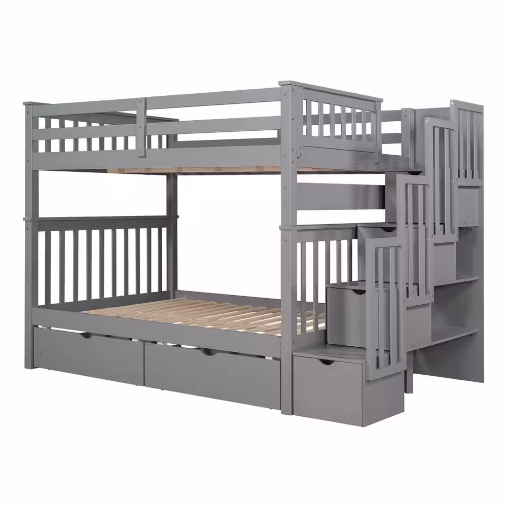 Qualler Gray Full Over Full Bunk Bed with Shelves and 6 Storage Drawers