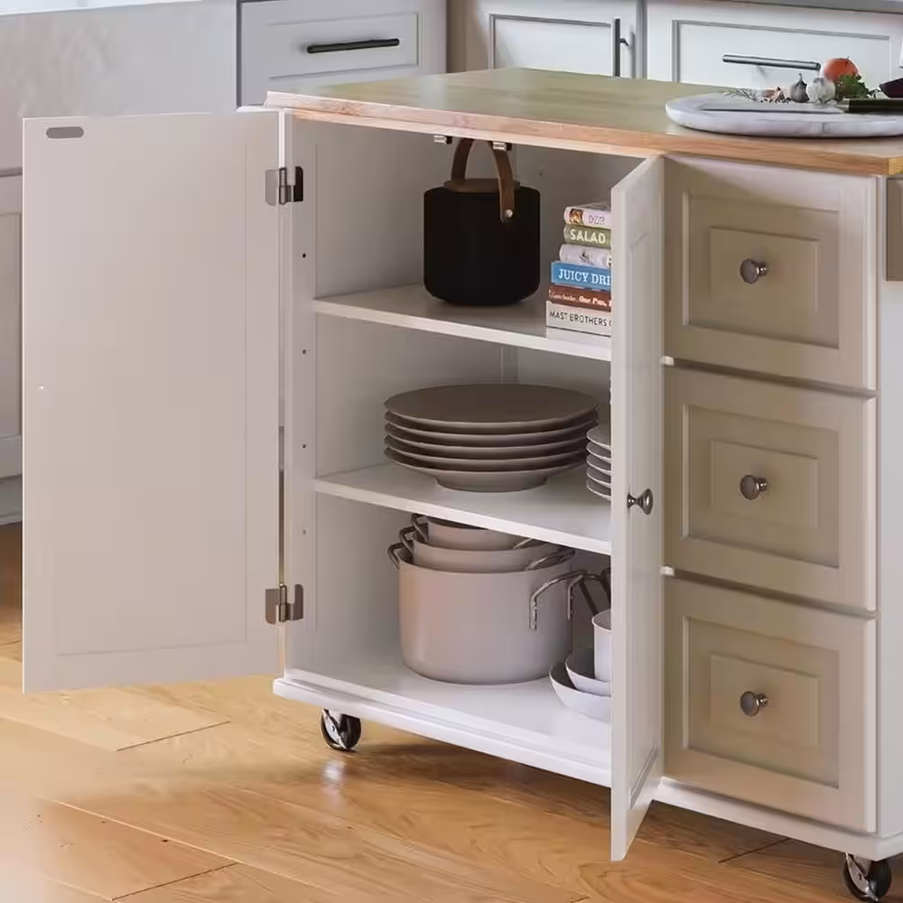 HOMESTYLES Dolly Madison White Kitchen Cart with Natural Wood Top