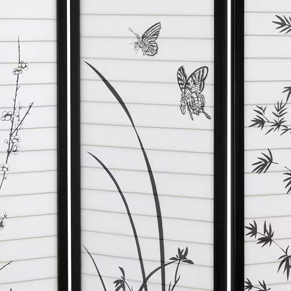 Oriental Furniture 6 ft. Black 3-Panel Bamboo and Blossoms Room Divider