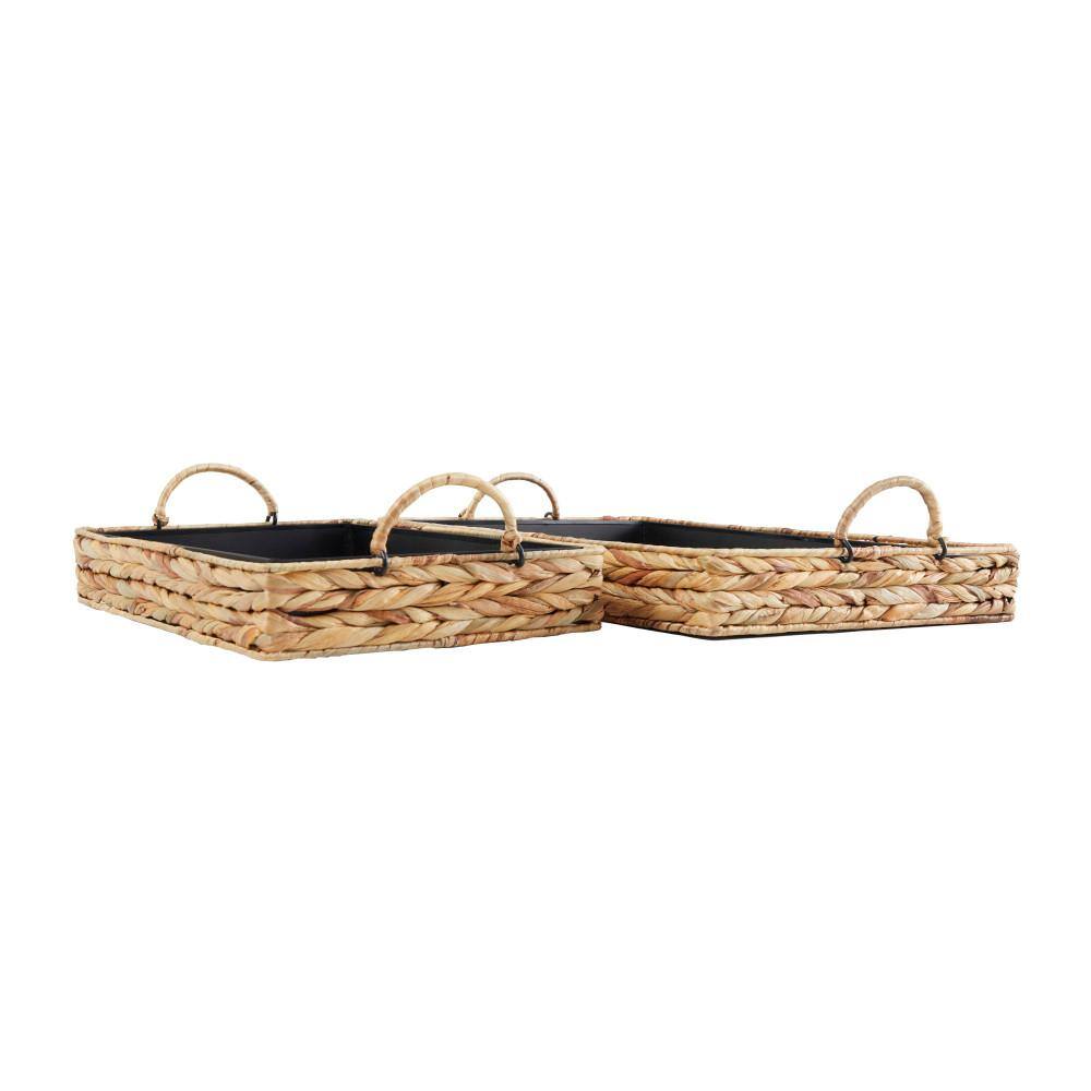 Litton Lane Light Brown Handmade Seagrass Nesting Decorative Tray with Black Wood Interiors (Set of 2)
