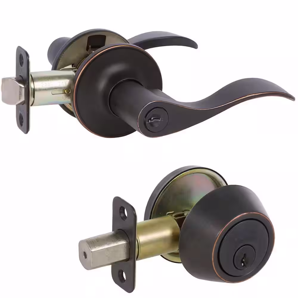 DELANEY HARDWARE 5-Bennett Edged Oil Rubbed Bronze Entry Door Handles and 5-Edged Oil Rubbed Bronze Sgl Cyl Deadbolts All Keyed Alike