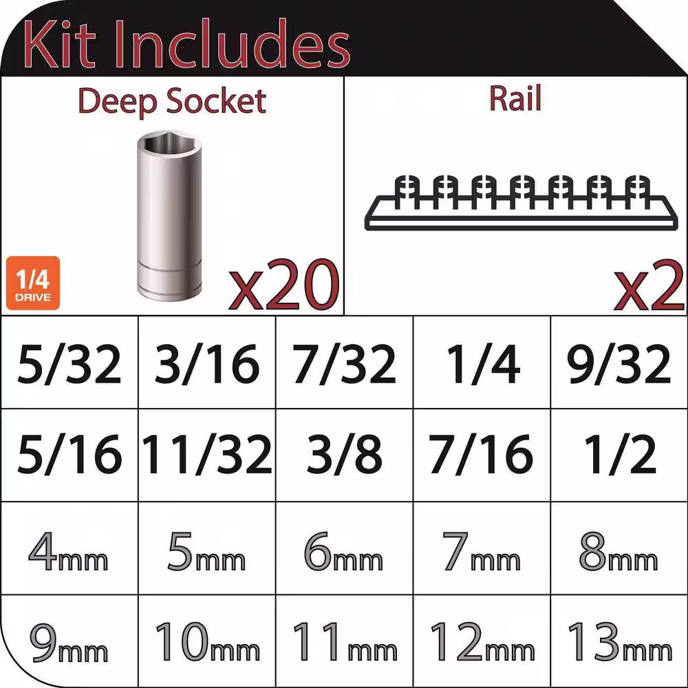 Husky 1/4 in. Drive Deep SAE/MM Socket Set (20-Piece)