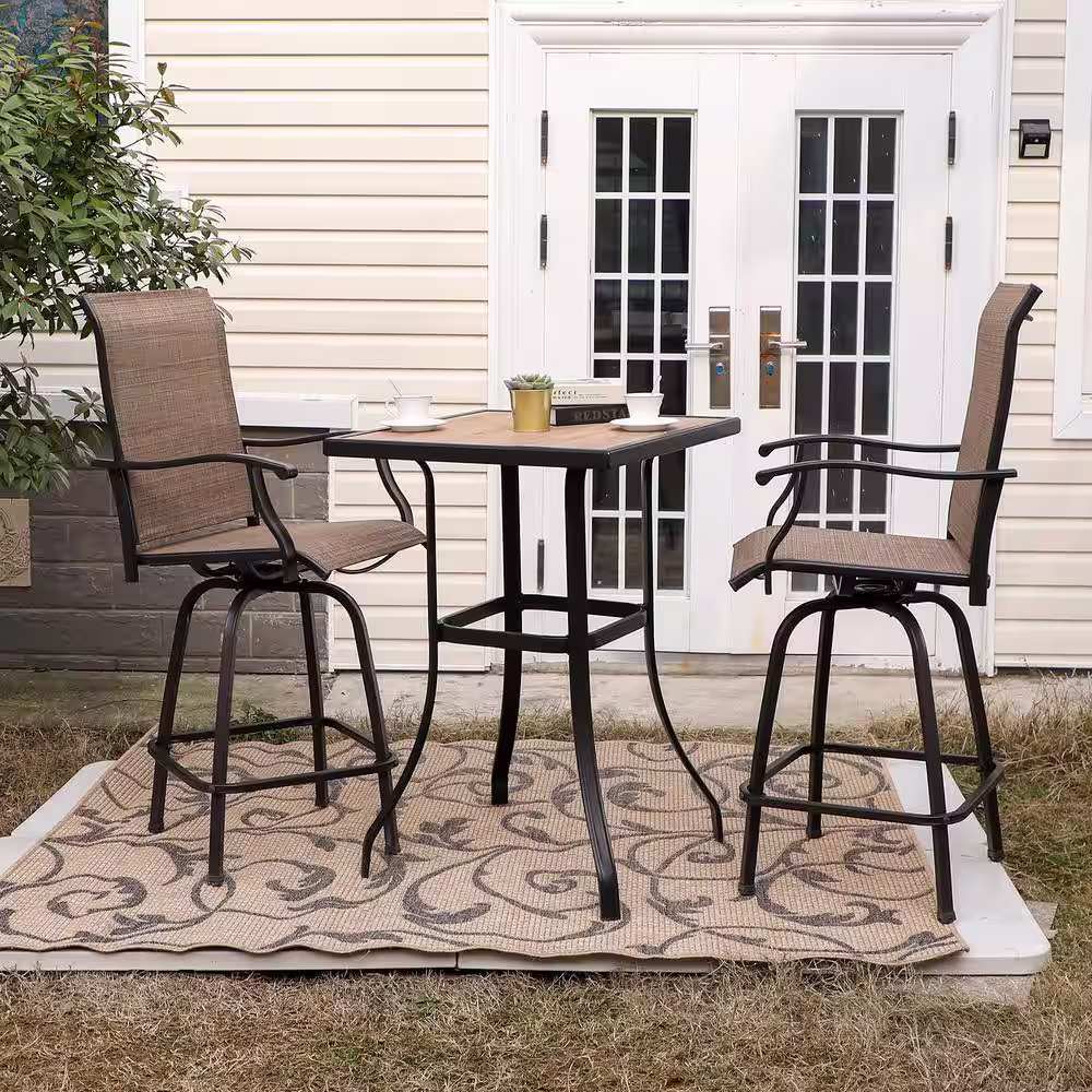 None Black 3-Piece Metal Square Outdoor Patio Bar Set with Wood-Look Bar Table and Swivel Bistro Chairs