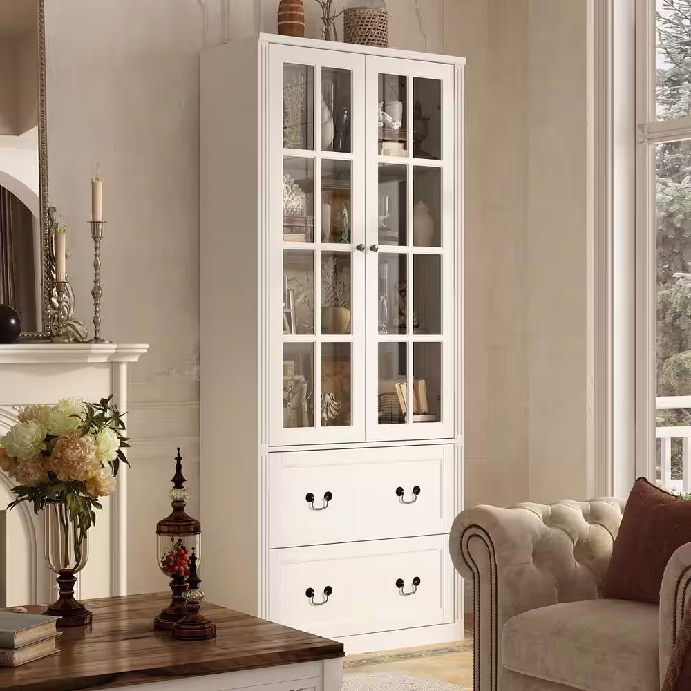 WIAWG White Wooden Accent Storage Cabinet Freestanding Cupboard With Adjustable Shelves and Tempered Glass Doors, Drawers