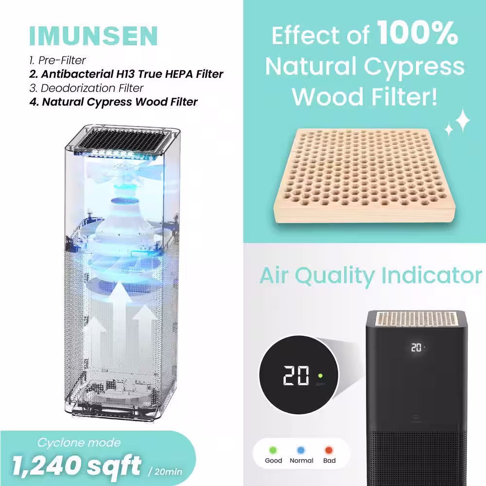 IMUNSEN MTower Black H13 True HEPA 4-Stage Filtration Air Purifier with Cypress Wood Filter, Captures 99.97% Fine Dust
