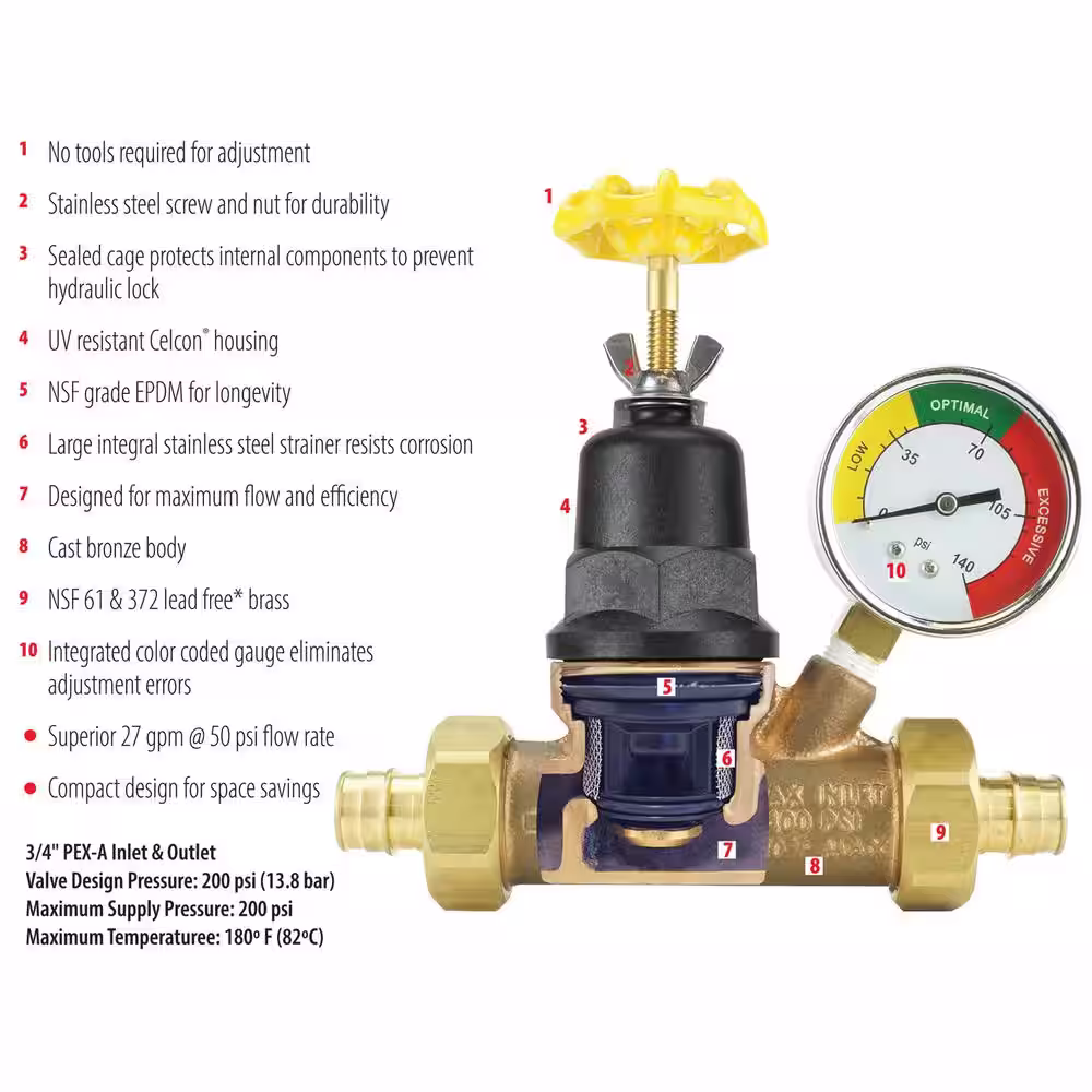 Apollo 3/4 in. Bronze Double Union PEX-A Barb Water Pressure Regulator with Gauge