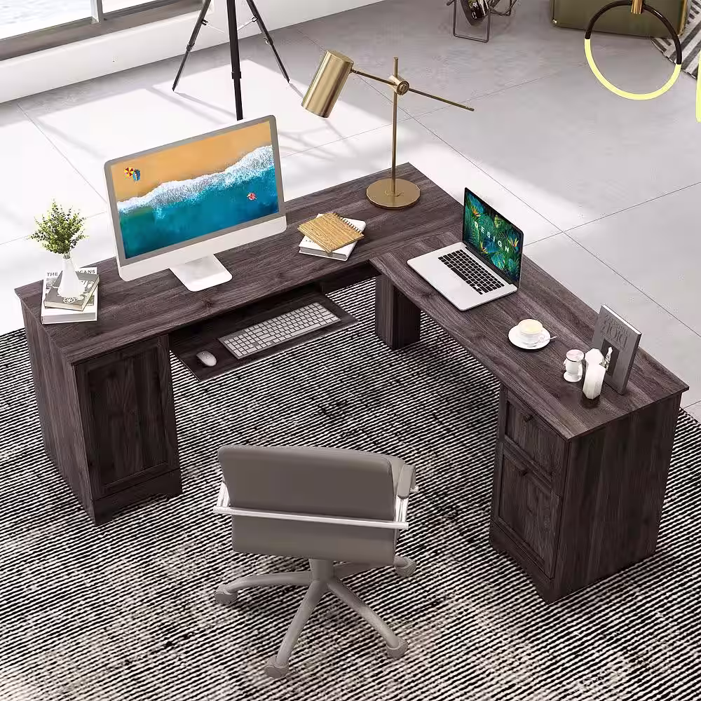 None 66.5 in. L-Shaped Dark Brown Home Office Desk Corner Computer Desk Keyboard Tray Brown