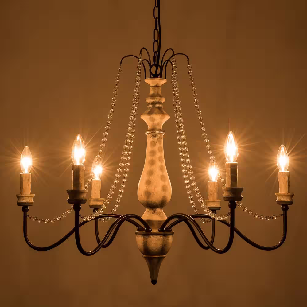 None 6-Light Crystal White Chandelier, Vintage Candle Farmhouse Ceiling Pendant Light Fixture for Dining Room Living Room