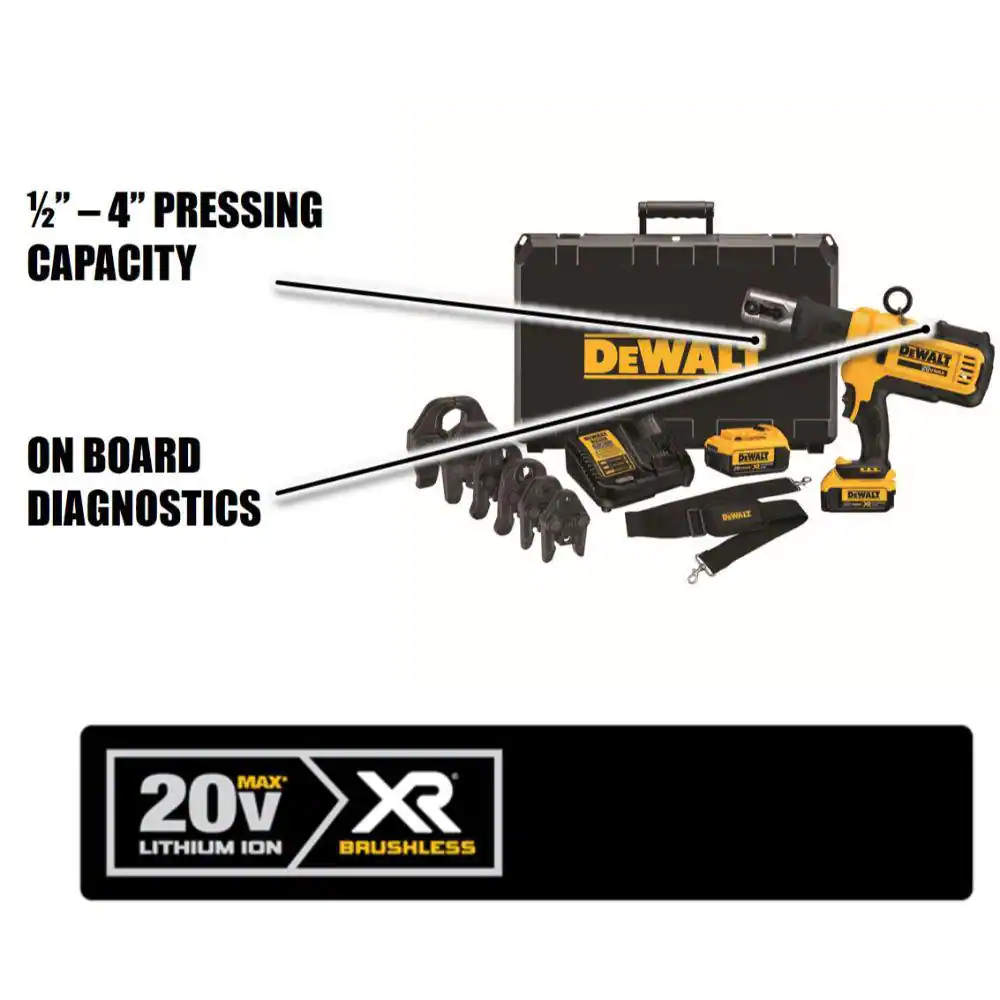 DEWALT 20V MAX Cordless Press Tool, (6) Press Jaws Sized 1/2 in. to 2 in., (2) 20V 4.0Ah Batteries, and Charger
