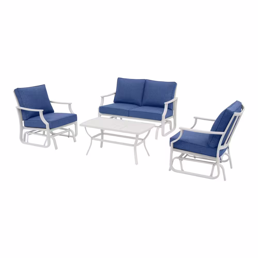 Hampton Bay Harbor Point White 4-Piece Metal Patio Conversation Set with CushionGuard Mariner Blue Cushions