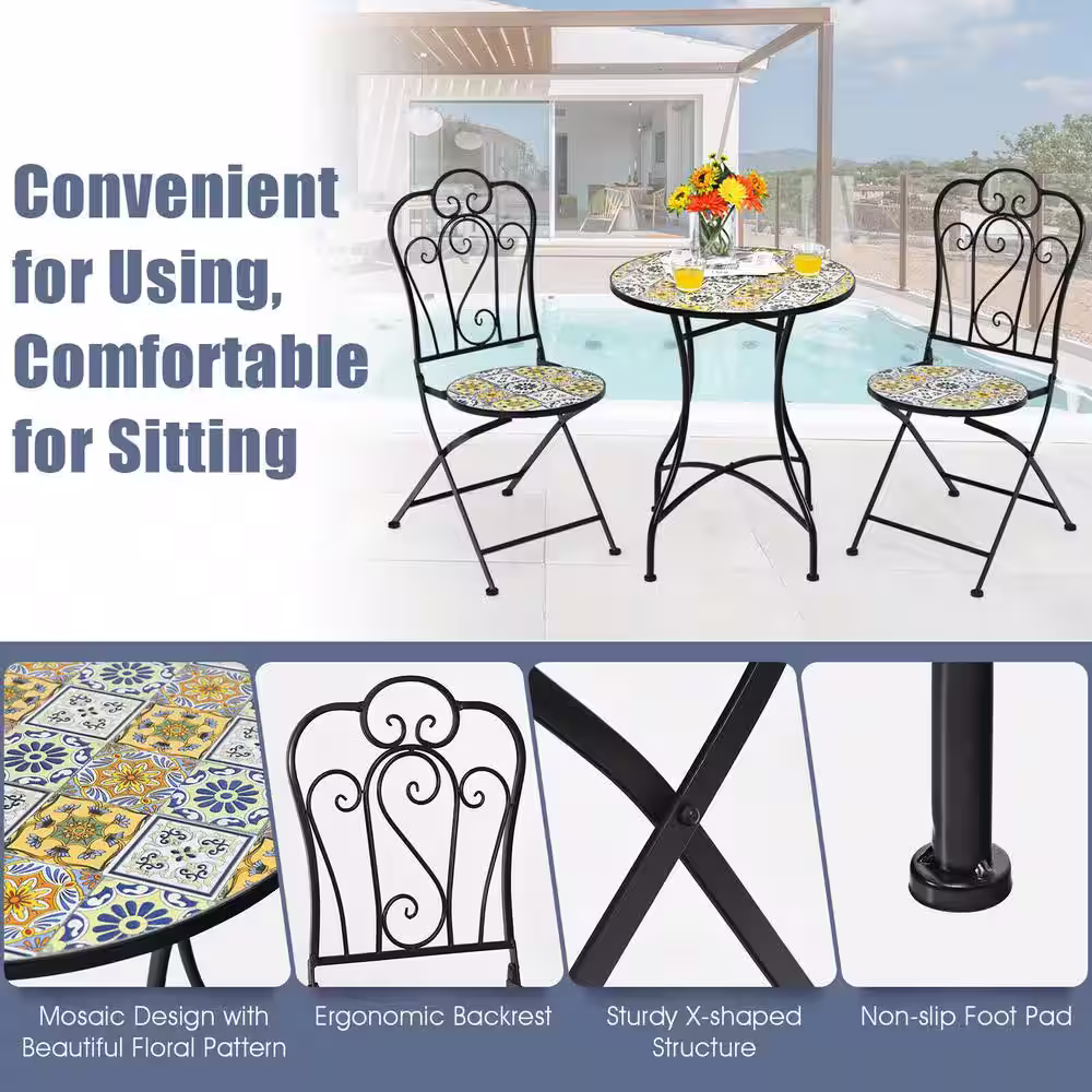 ANGELES HOME 3-Piece Metal Patio Outdoor Bistro Mosaic Design Set with Folding Chairs and Round Table