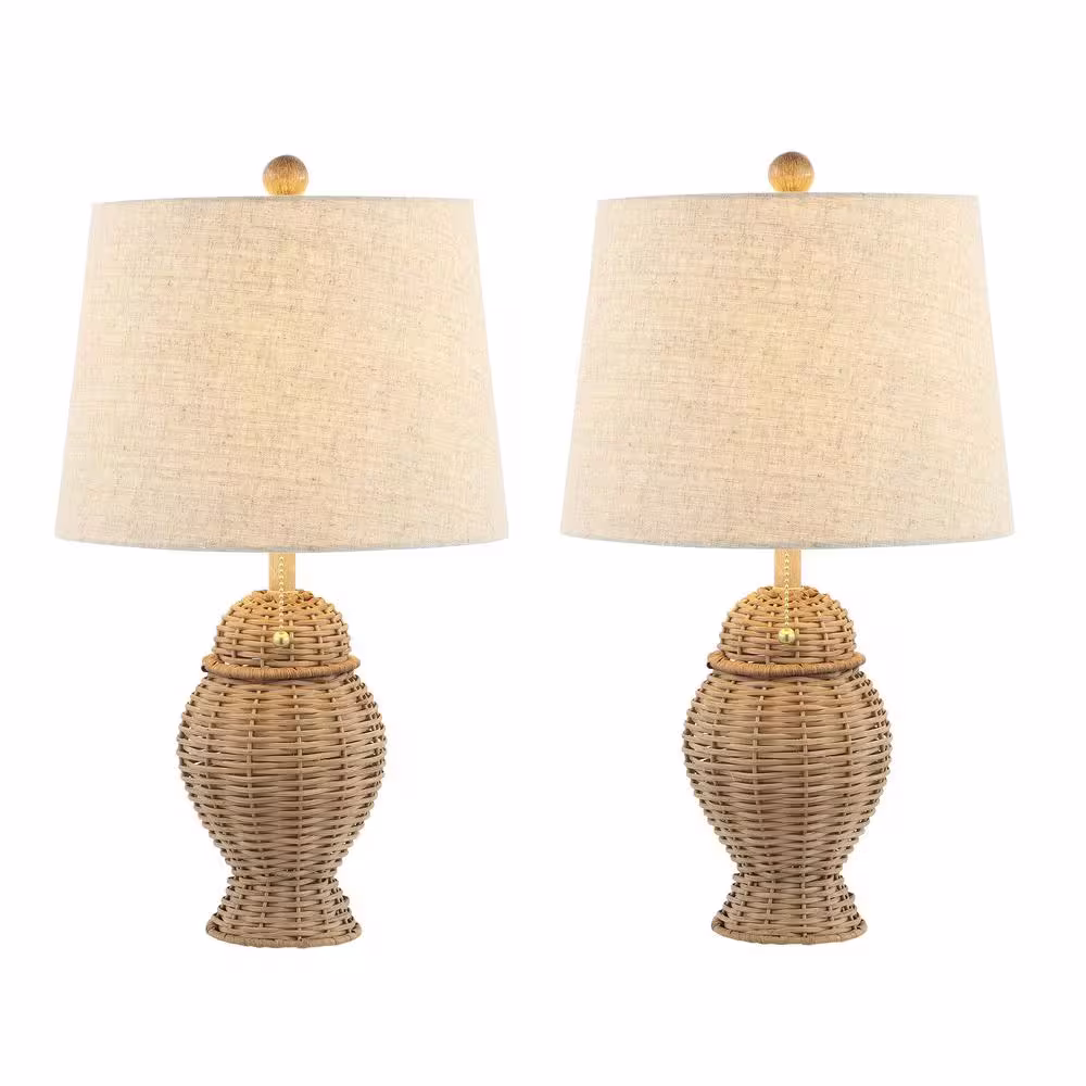JONATHAN Y Margie 20.5 in. Natural Wicker Bohemian Rustic Iron LED Table Lamp, Beige