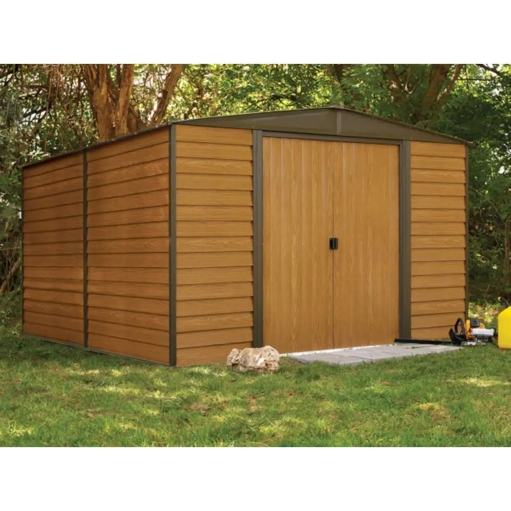 Arrow Woodridge 10 ft. W x 12 ft. D Wood-grain Galvanized Metal Storage Building