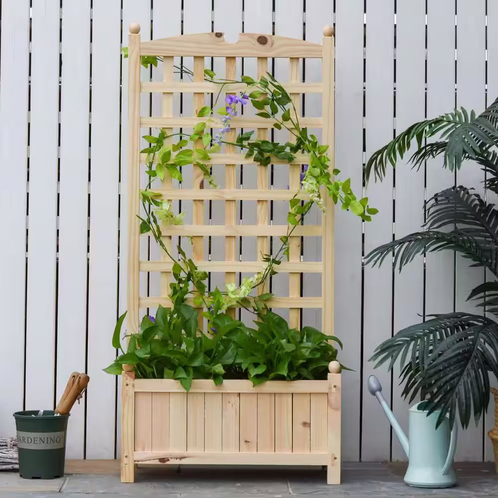 Outsunny Large Depth 24 in. Natural Wooden Raised Garden Bed with Trellis Board