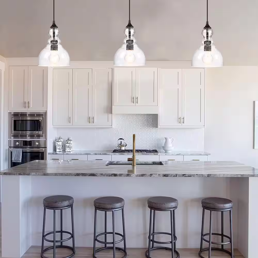 Hukoro 1-Light Kitchen Island Teardrop Seeded Glass Pendant with Matte Black finish (3-Pack)
