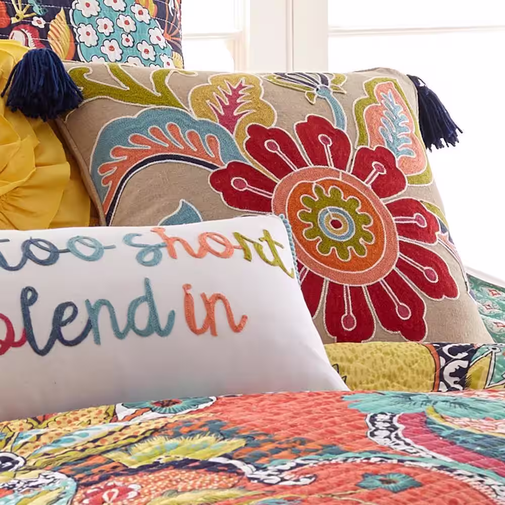LEVTEX HOME Jules Multicolored Floral Crewel Embroidered with Tassels 18 in. x 18 in. Throw Pillow