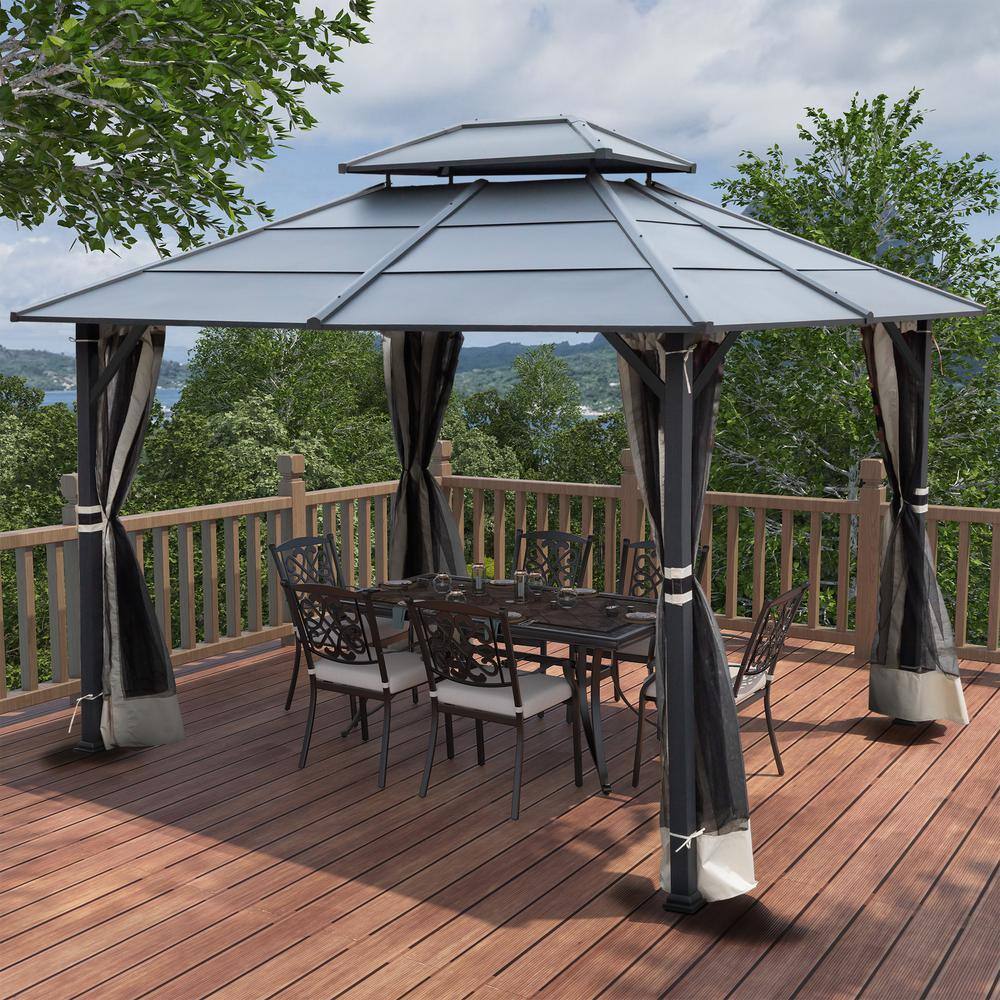 Mondawe 10 ft. x 12 ft. Outdoor Iron Frame Patio Gazebo Canopy Tent Shelter with Iron Hardtop Roof, Curtains Netiing Pavilion