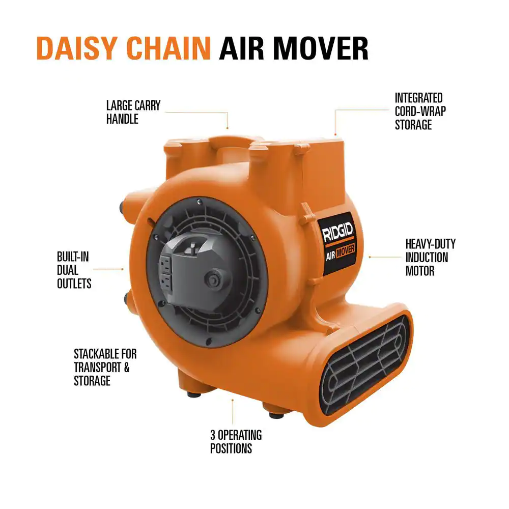 RIDGID 1625 CFM 3-Speed Blower Fan Air Mover with Daisy Chain, 3 Operating Positions for Water Damage Restoration