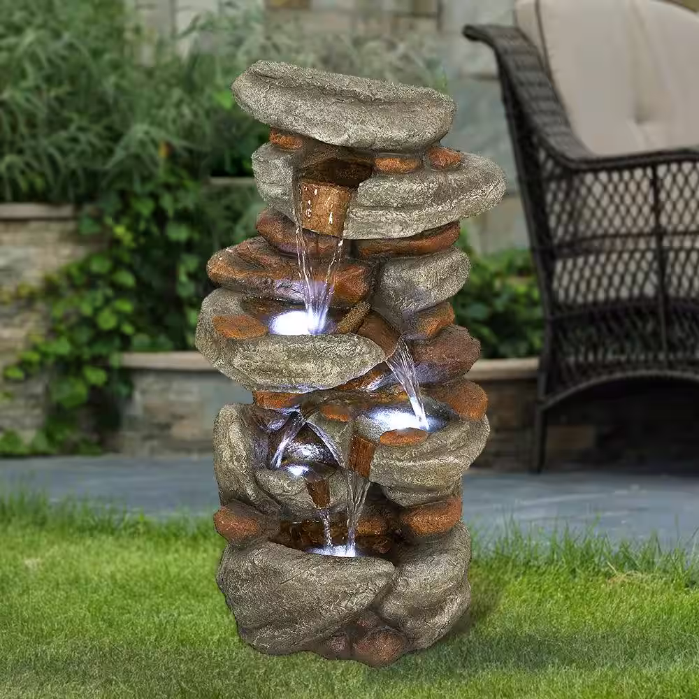 Watnature 30 in. Rockery Outdoor Garden Fountain, Ornamental Water Feature with LED Lights for Garden, Pond, Balcony, Deck, Porch