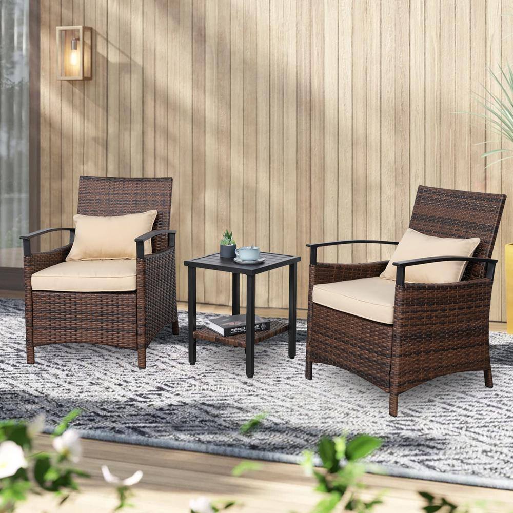 None Serga 3-Piece Wicker Patio Conversation Set Outdoor Bistro Set with Beige Cushion