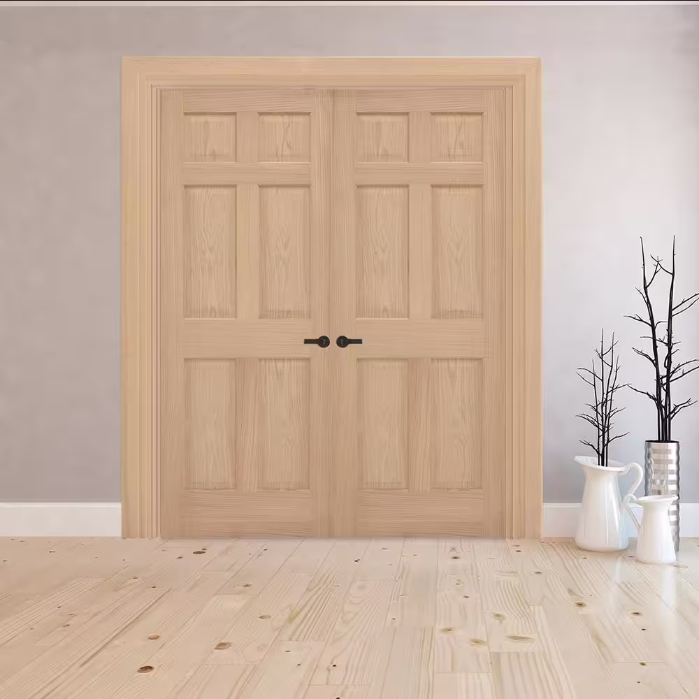 Steves & Sons 48 in. x 80 in. Universal 6-Panel Solid Unfinished Red Oak Wood Double Prehung Interior French Door with Nickel Hinges