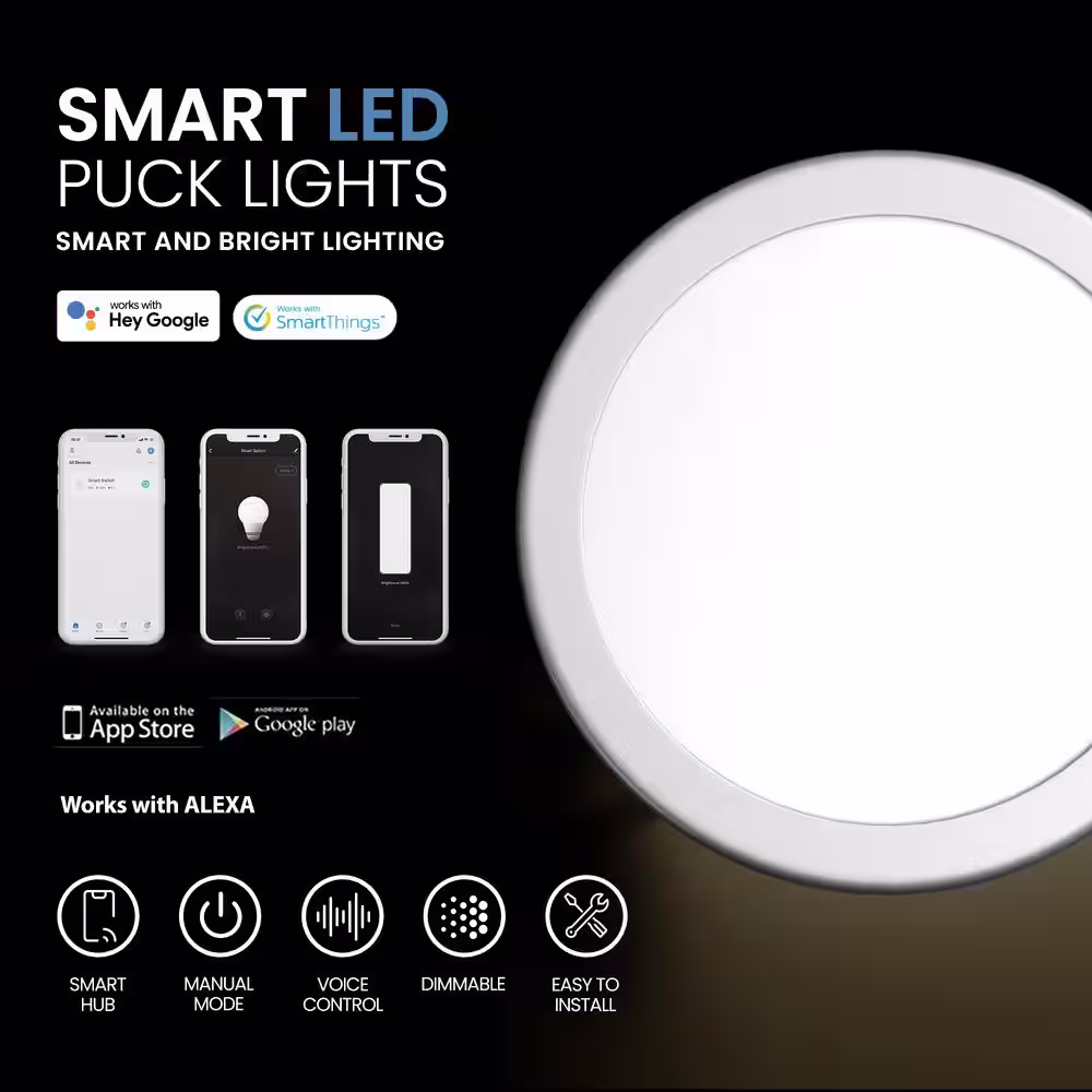 ESHINE White Smart Dimmable LED Puck Lights Compatible with Alexa, Google Warm White (3000K) (6-Pack)