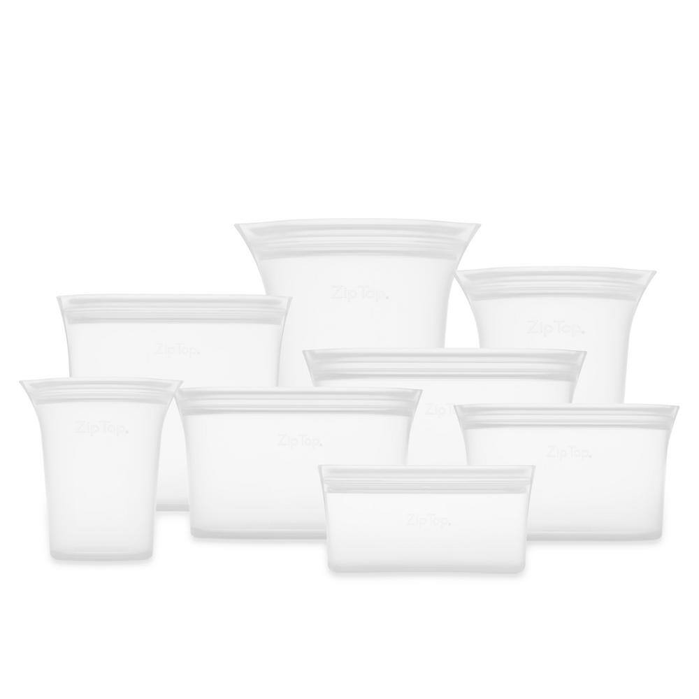 Zip Top Reusable Silicone 8-Piece set 3-Sizes of Cups, 3-Sizes of Dishes, 2-Sizes of Bags, Zippered Storage Containers in Frost