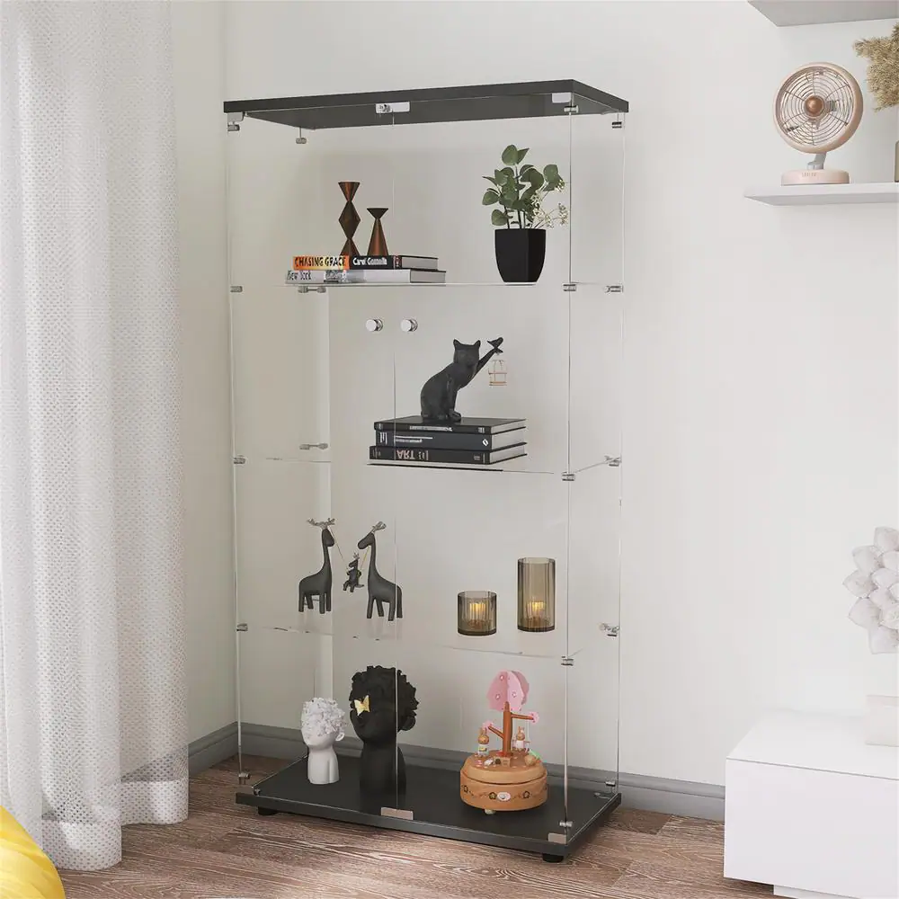 Seafuloy Black Two-door Glass Display Cabinet with 4 Shelves with Door