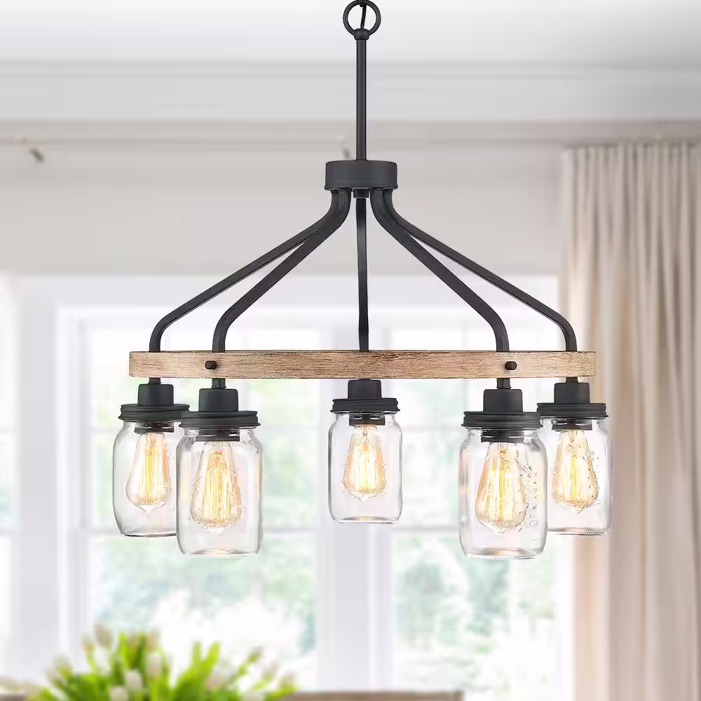 TRUE FINE Eliton 26 in. 5-Light Black/Wood Tone Rustic Farmhouse Chandelier with Clear Mason Jar Glass Shades