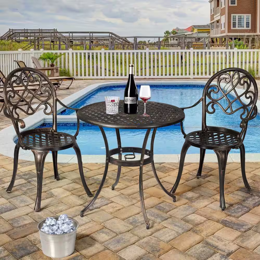 ANGELES HOME 3-Piece Metal Round Outdoor Bistro Set with Attached Removable Ice Bucket