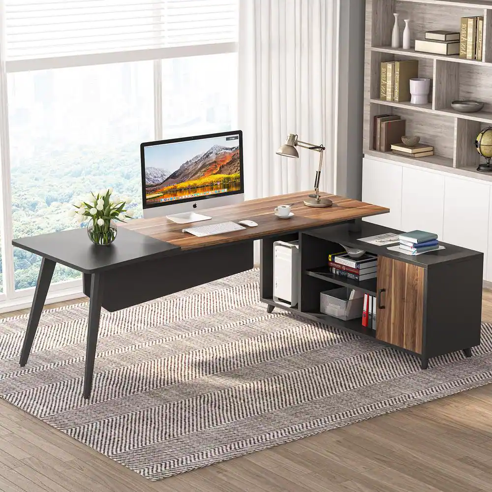 BYBLIGHT Lanita 79 in. L-Shaped Brown Wood Computer Desk with File Cabinet, Large Executive Office Desk with Shelves, Business