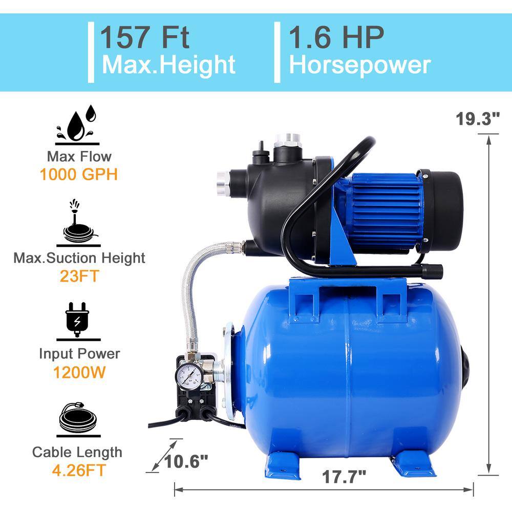None 1.6 HP Blue Stainless Steel Head Shallow Well Automatic Water Booster Pump with Pressure Tank