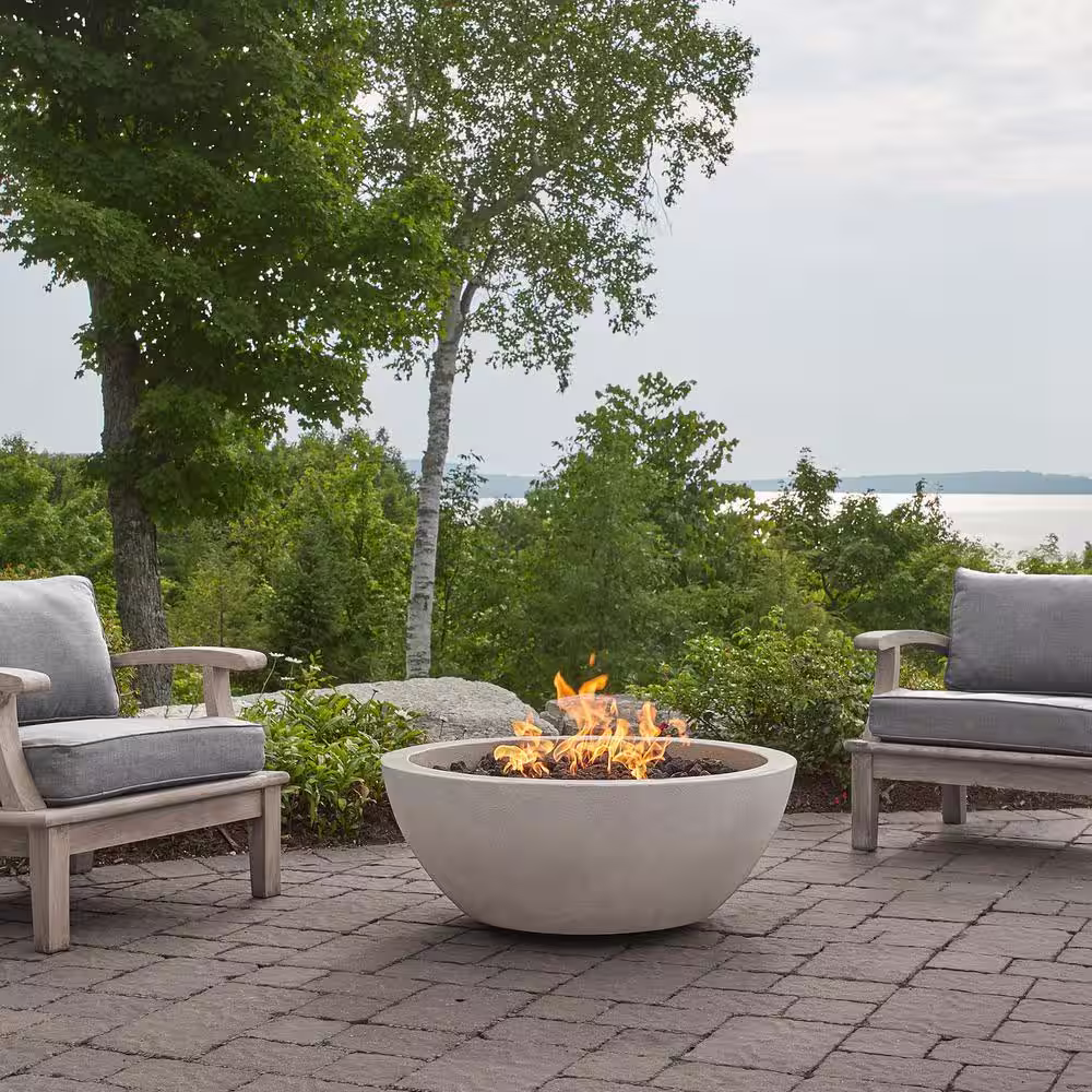 JENSEN CO Pompton 38 in. Round Concrete Composite Natural Gas Fire Pit in Fog with Vinyl Cover