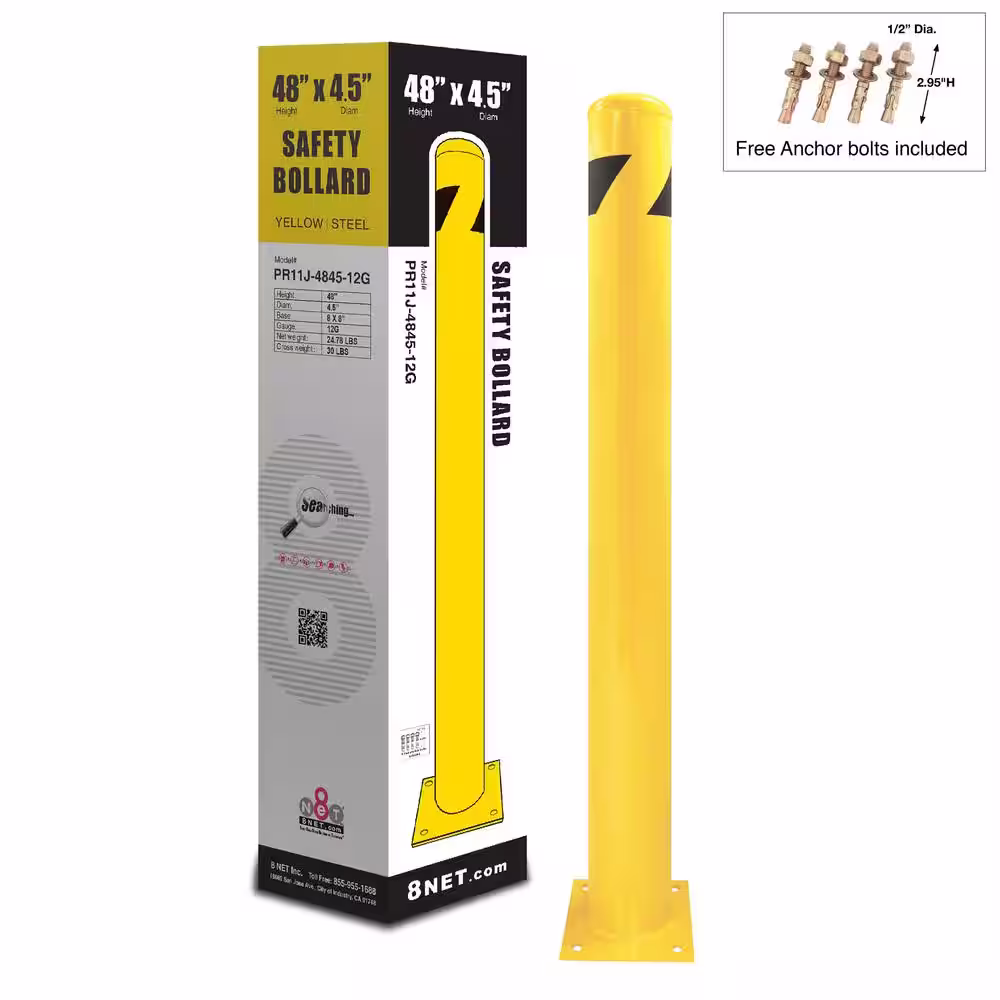 8Net 48 in. H x 4.5 in. Dia 12-Gauge Yellow Steel Pipe Safety Bollard