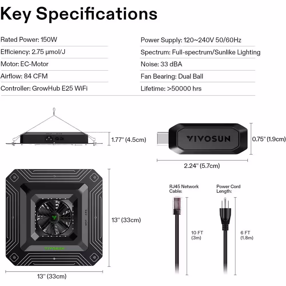 VIVOSUN AeroLight 13 in. 150-Watt LED Grow Light with Integrated Circulation Fan and GrowHub Controller E25, Warm White