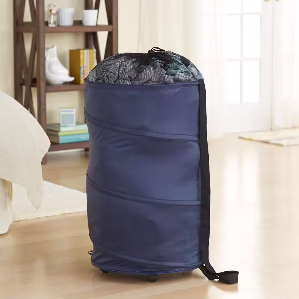 HOUSEHOLD ESSENTIALS Pop Up Polyester Laundry Hamper with Wheels in Navy Blue