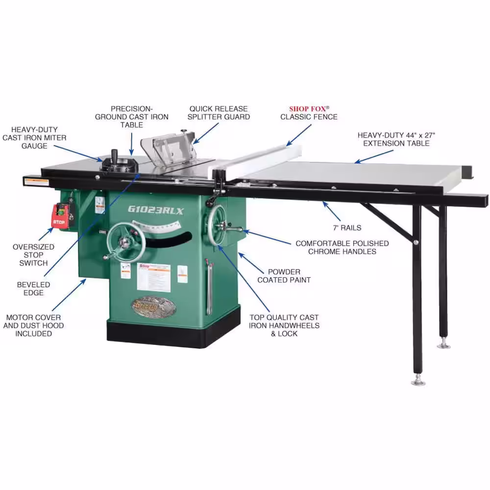 Grizzly Industrial 10 in. 3 HP 240-Volt Cabinet Left-Tilting Table Saw with Extension Table