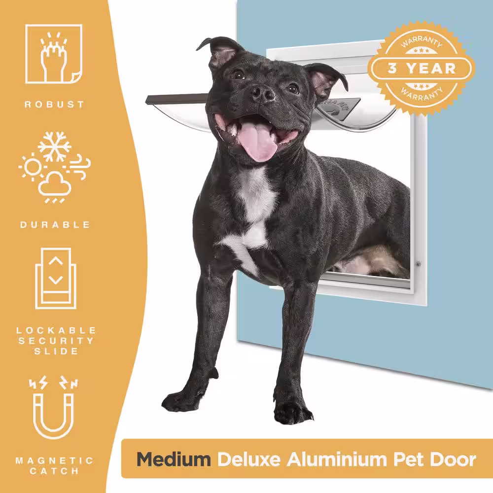 Hakuna Pets 9.3 in. x 12.4 in. Medium Deluxe Aluminum Pet Door, Adjustable Tunnel, White