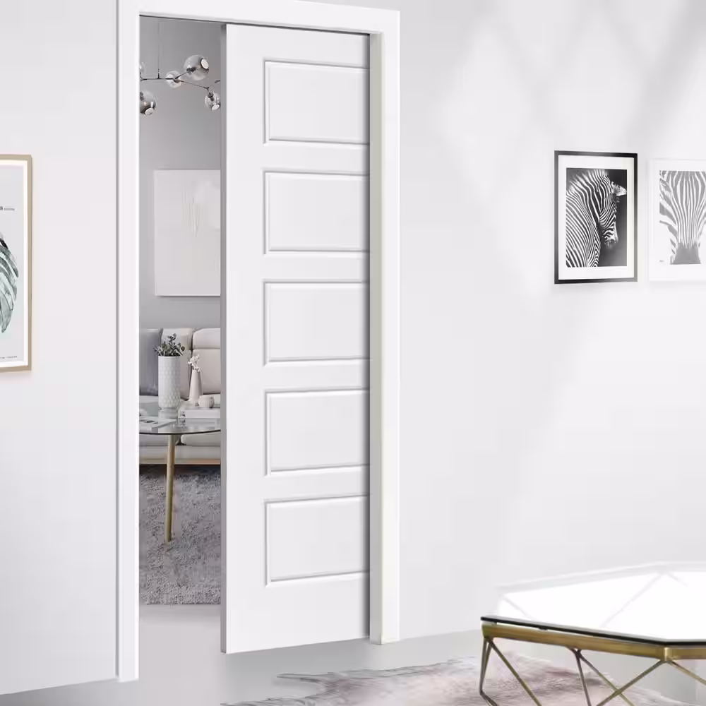 CALHOME 30 in. x 80 in. White Primed Composite MDF 5 Panel Interior Door Slab For Pocket Door