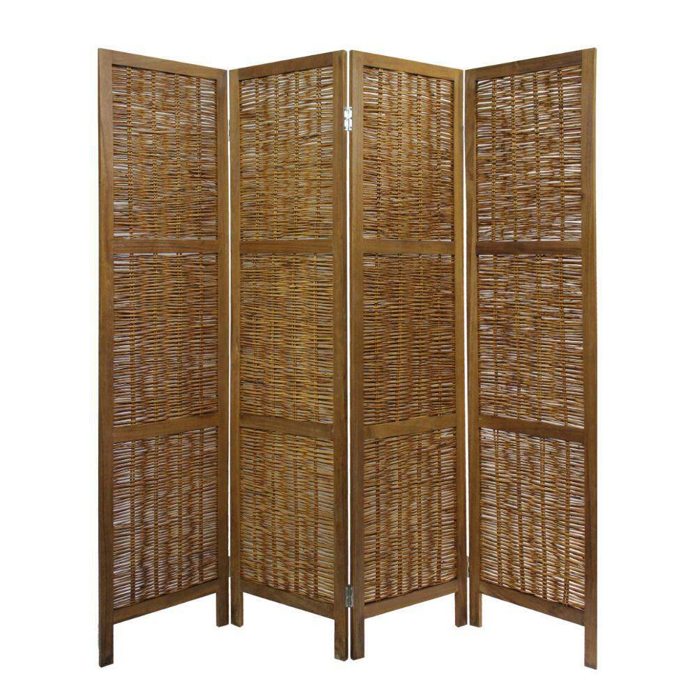 Benjara 68 in. Brown Willow Weaving Cottage Style 4-Panel Screen Room Divider