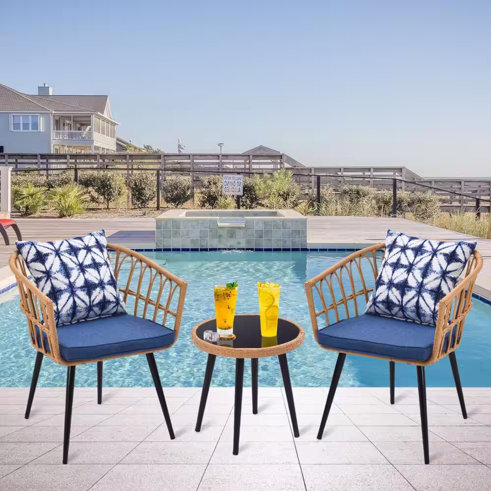 None Anky 3-Piece Patio Wicker Round 16 in. H Coffee Table Outdoor Bistro Conversation Set Rattan Chair with Blue Cushions