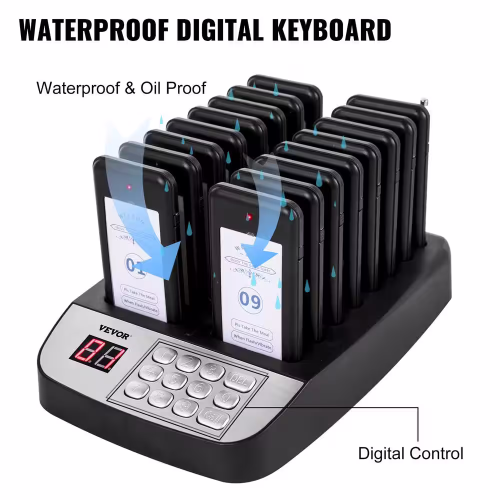 VEVOR F100 Wireless Calling System 16 Pagers Max 98 Beepers Restaurant Pager System Set with Vibration, Flashing and Buzzer
