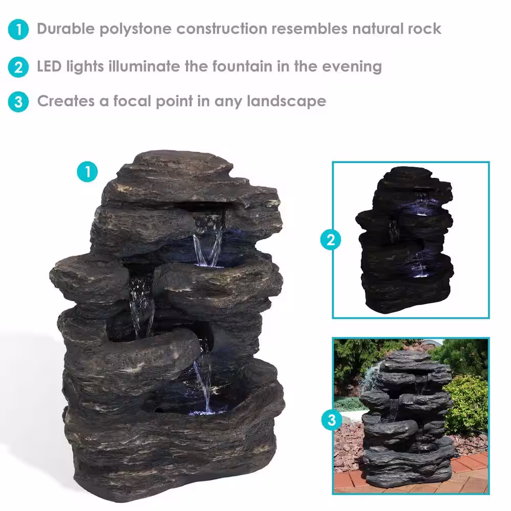 Sunnydaze Decor 24 in. Rock Falls Outdoor Cascade Water Fountain with LED Lights
