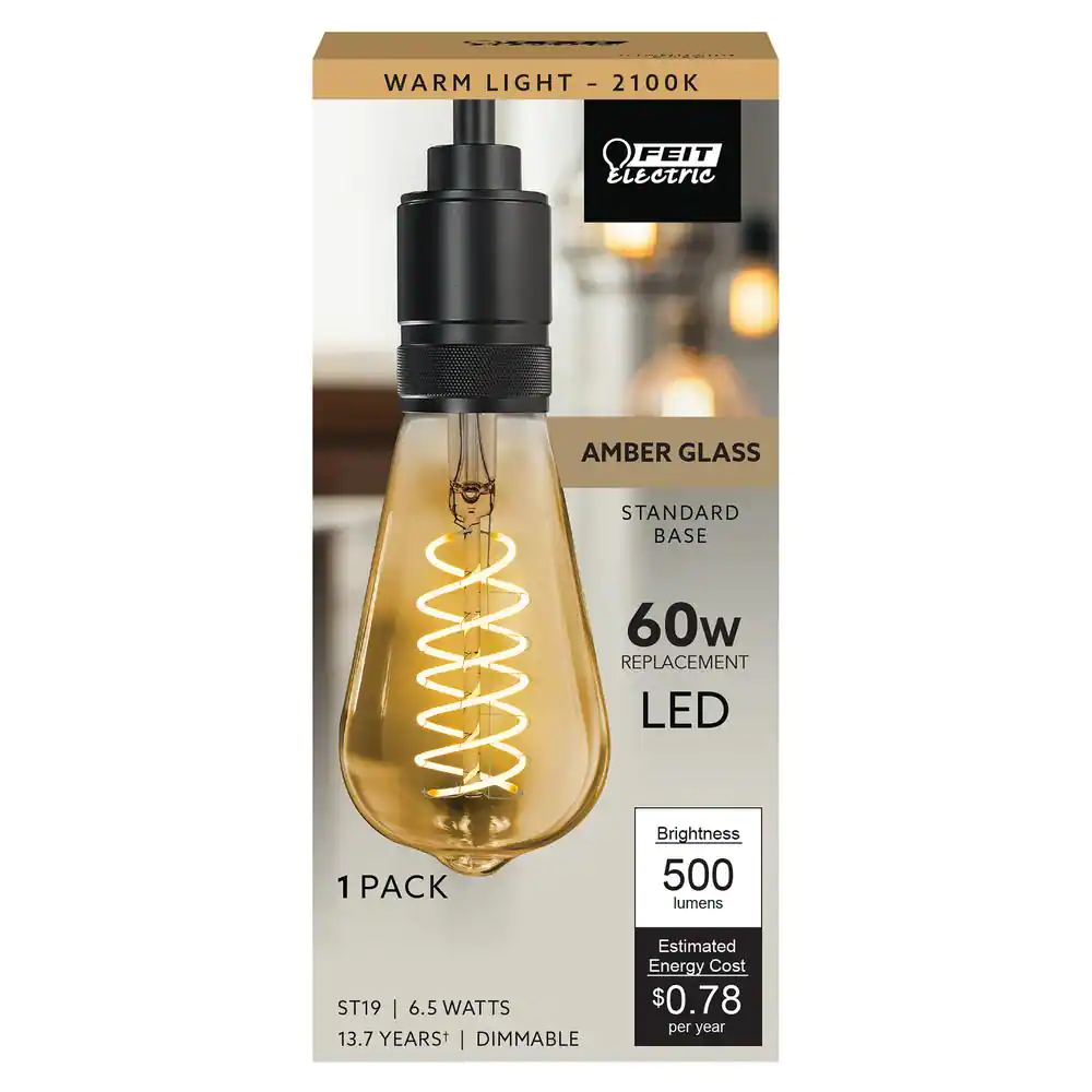 Feit Electric 60-Watt Equivalent ST19 Dimmable Spiral Filament Amber Glass E26 Vintage Edison LED Light Bulb, Warm White