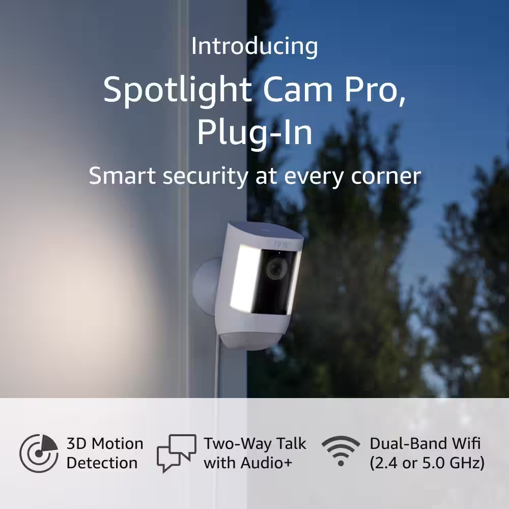 Ring Spotlight Cam Pro, Plug-In - Smart Security Video Camera with LED Lights, Dual Band Wifi, 3D Motion Detection, White