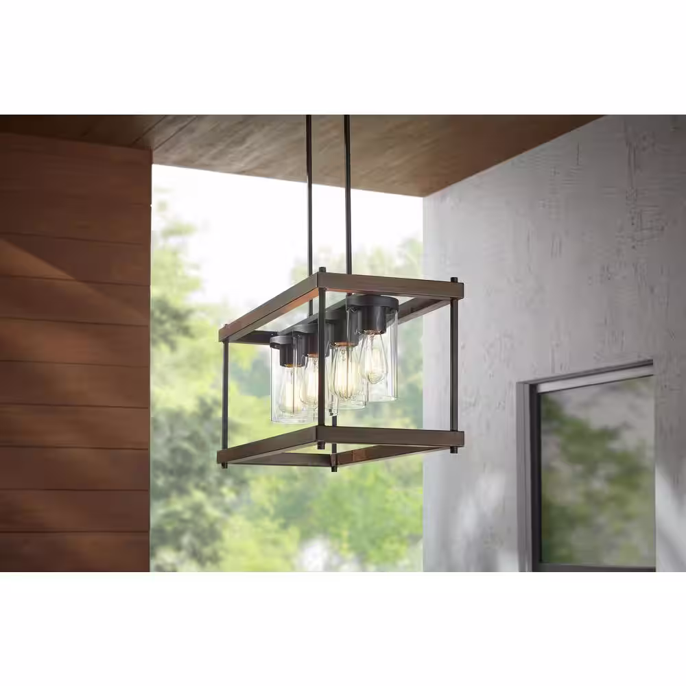 Home Decorators Collection Elden Modern 4-Light Faux Wood and Black Outdoor Chandelier