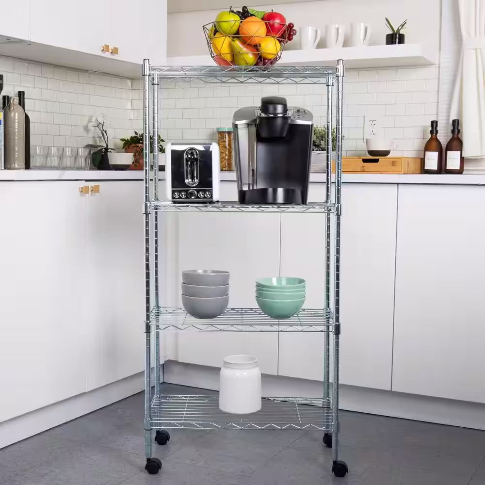 Mind Reader Silver Alloy Collection, Adjustable 4-Tier Industrial Storage Shelves with Wheels, Metal, 23.25