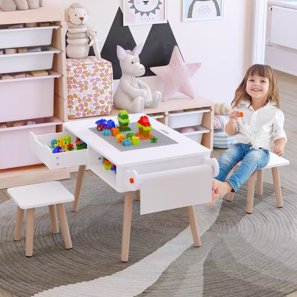 FUFU&GAGA Kids Art Table and Chair Set, 2-in-1 Multi Activity Table Set Lego Table w/Detachable Tabletop with Storage