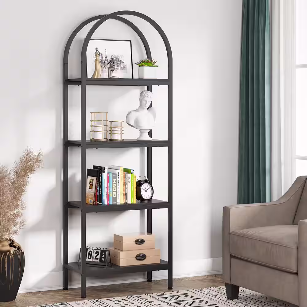 None Earlimart 70.8 in. Black Wood Bookshelf 4-Tier Etagere Bookcase and Bookshelf Modem Industrial Ladder Shelf